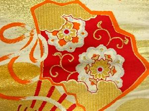 アンティーク　扇に華紋・横笛模様織出し名古屋帯